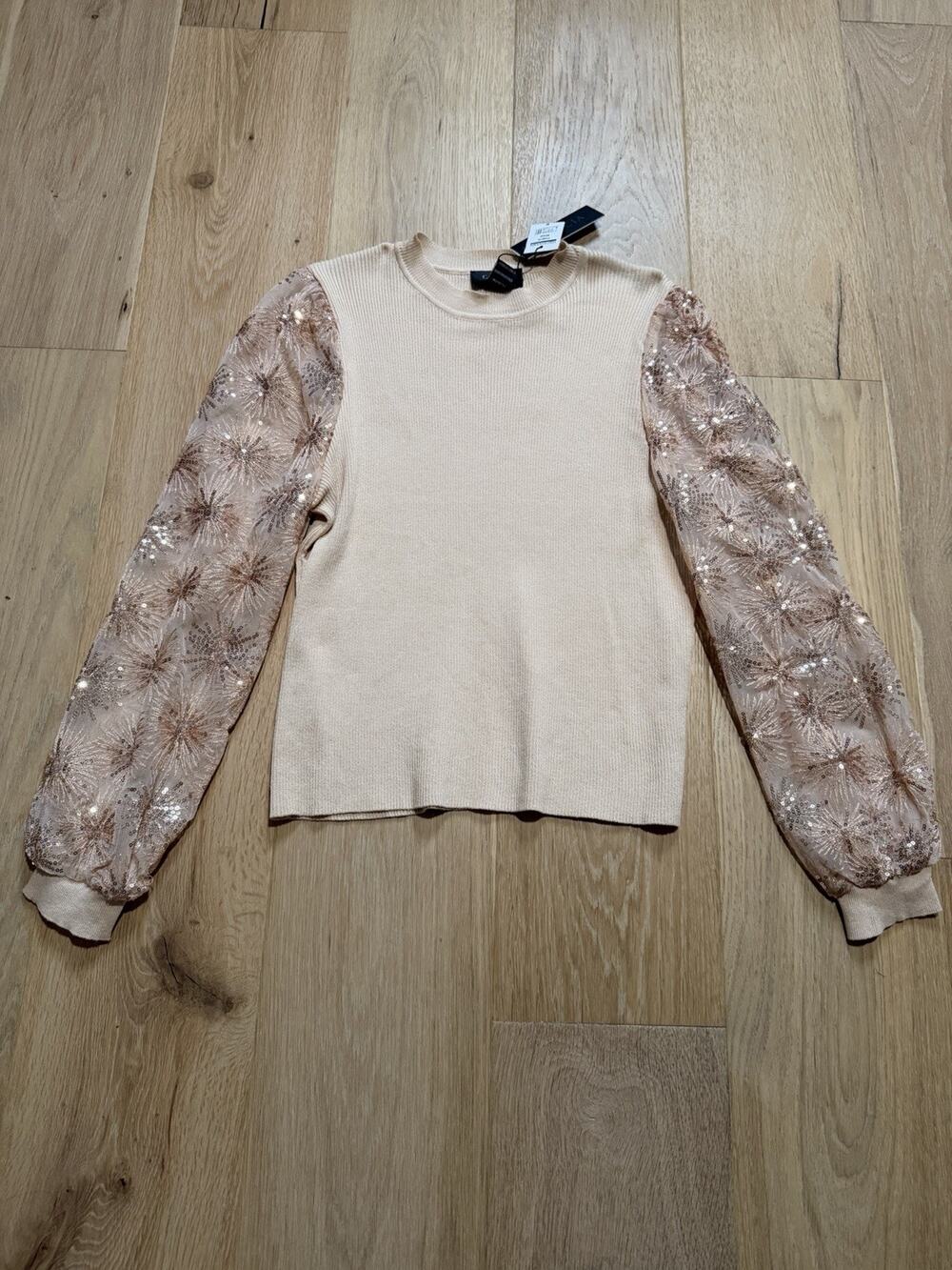 NWT Gracia Coquette Top M Sequin Sheer Balloon Puff Sleeve Champagne Blouse Glam